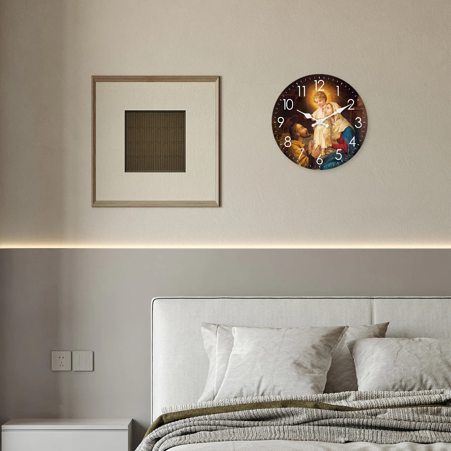 Religious Nativity Scene God and Virgin Mary Pattern Wooden Wall Clock Living Room Bedroom Kitchen Home Decoration Silent Quartz Clock Holiday Gift 10 Inches 12 Inches 14inch 16inch (No Battery)
