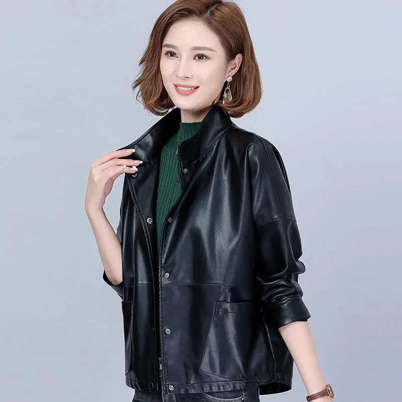 High end leather Jacket women 2025 New Spring Autumn Short Korean version loose Stand  collar Faux leather jackets Female