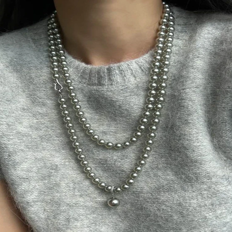

Niche design i double layer stacked silver pearl necklace exquisite collarbone sweater chain long style