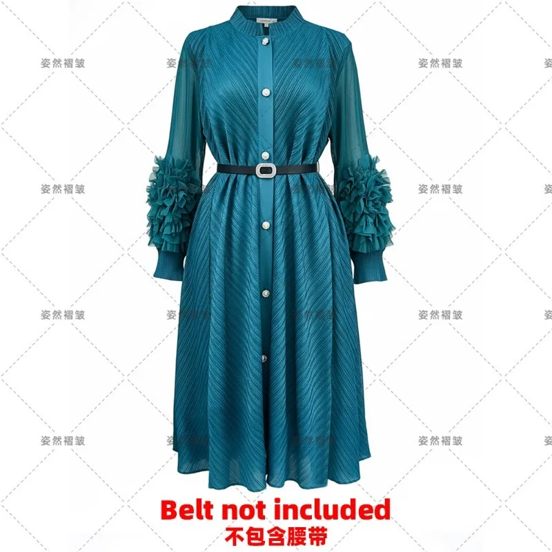 Miyake  Africa Plus Size Temperament Women's Dress Pleated Long Sleeve Single Breasted Shirt Straight Long Dress Europe America