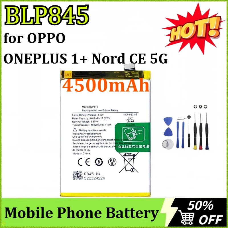 

New BLP845 4500mAh High Quality Replacement Mobile Phone Battery for OP ONEPLUS 1+ Nord CE 5G Large Capacity Batteries + Tools
