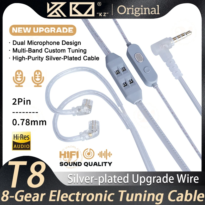 KZ T8 Upgrade Cable 8-Gear Electronic Tuning Silver-Plated OFC Cables 0.78mm Pin 3.5mm Plug QDC Line For EDX Pro AS16 Pro PRX