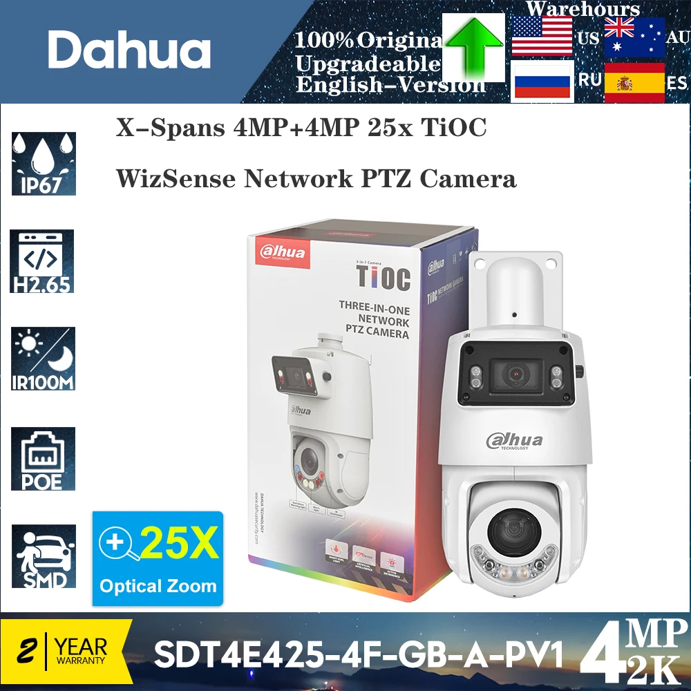 

Dahua SDT4E425-4F-GB-A-PV1 X-Spans 4MP+4MP 25x TiOC WizSense Network PTZ Camera IR100M Smart dual light Auto Tracking IVS SMD