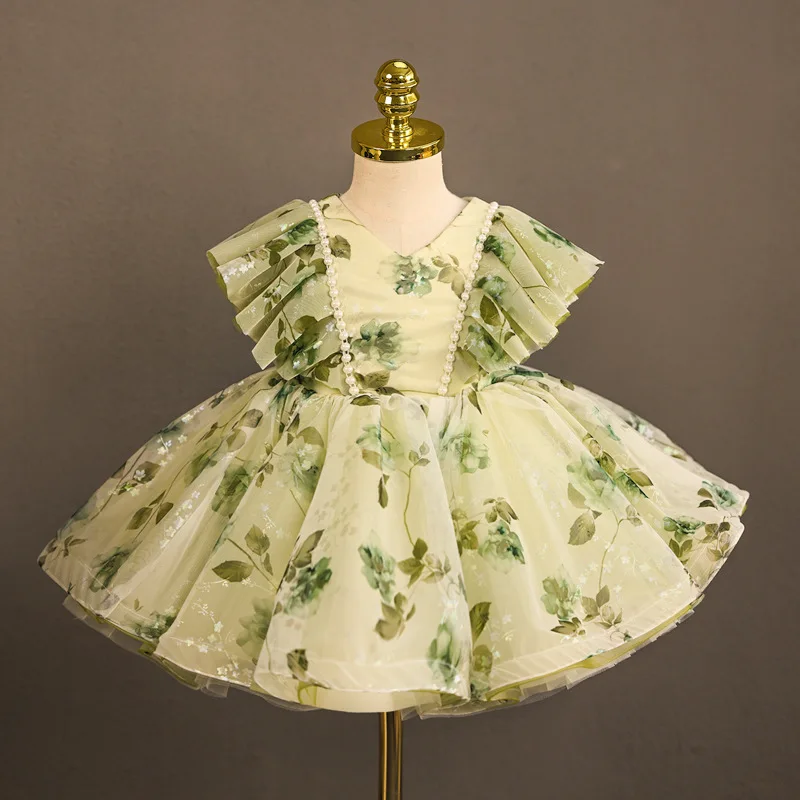 2024 Retro Flowers Luxury Princess Dress Beading Printing Elegant Pretty Party Dresses for Kids V-neck Adorable Gala Costumes