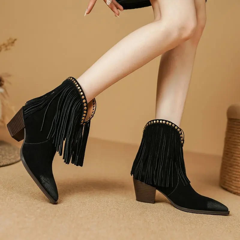 MORAZORA 2025 New Cow Suede Leather Cowboy Western Boots Women Pointed Toe Tassel Chunky High Heels Autumn Ankle Boots Female