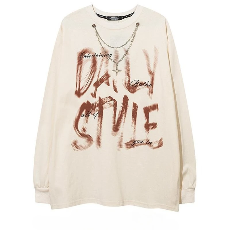 الأمريكية خمر جولة الرقبة تي شيرت إلكتروني نمط لون نقي ثقافة فرعية طويلة الأكمام فضفاضة حار نمط الهيب هوب بلوزة 2025 الخريف #6