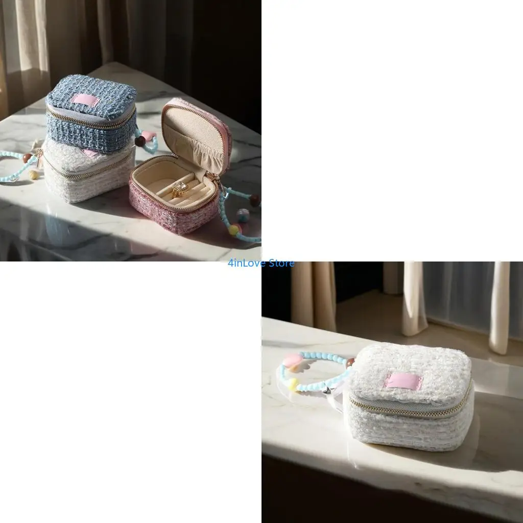 

T4MD Portable Miniature Jewelry Organizers Box for Travel with Natural Burlap Fabric