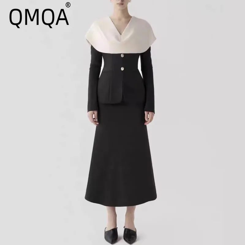 QMQA Fashion Women's Elegant 2 Piece Set Color-blocked V-neck Slim-fit Top Fishtail Long Skirt Sets 2026 Female New QM1226