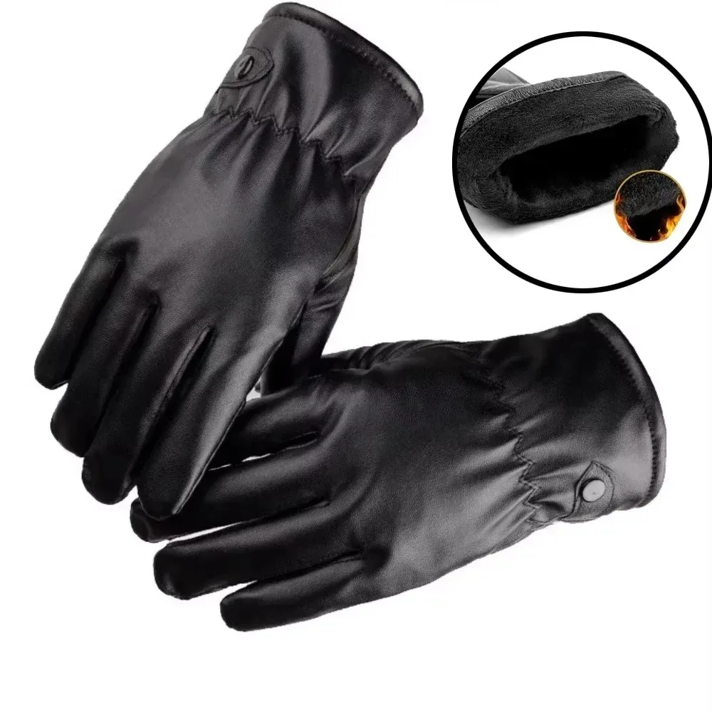 New Mens Winter Black Leather Gloves Fleece Touchscreen Lined Water-Proof for Motorcycle Driving Dress Real Sheepskin Warm