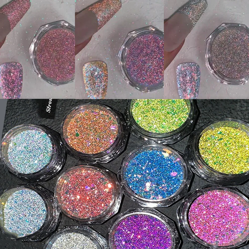 1Box 0.5g Laser Solid Magic-Mirror Nail Powder 10-Colors Holographic Sparkling Diamond Nail Glitter High Gloss Pearl Nail powder