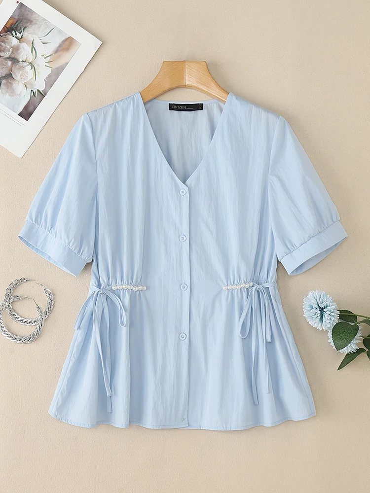

2025 Women Summer Blouses ZANZEA Casual Short Sleeve Solid Button Shirt Elegant Office OL Blusas Femme Stylish V Neck Tops Tunic