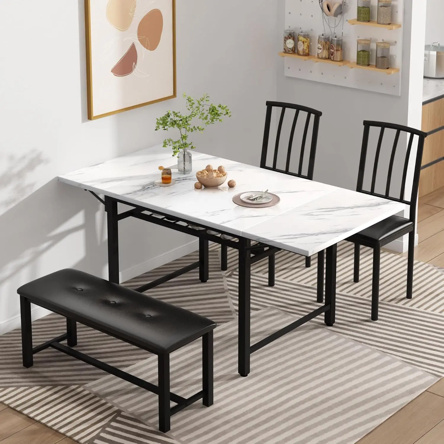 4-Piece Faux Marble Drop Leaf Dining Table With Storage Rack, Space Saving Breakfast Nook Table Set With 2 Backrest Chairs And