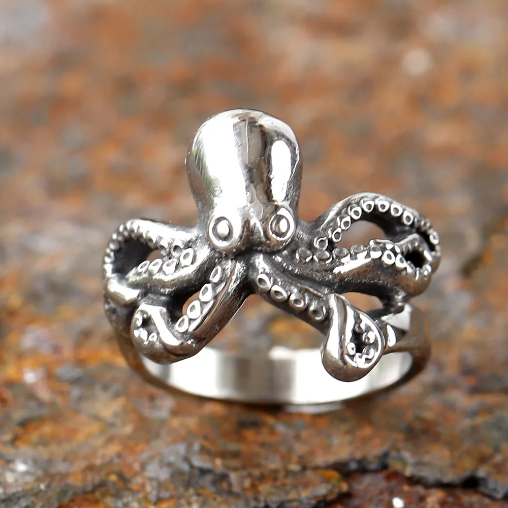 New 316L Stainless Steel Vintage COOL Octopus Ring With Patterns Gothic For Men Women Punk Motorcycle Jewelry Party GIFT