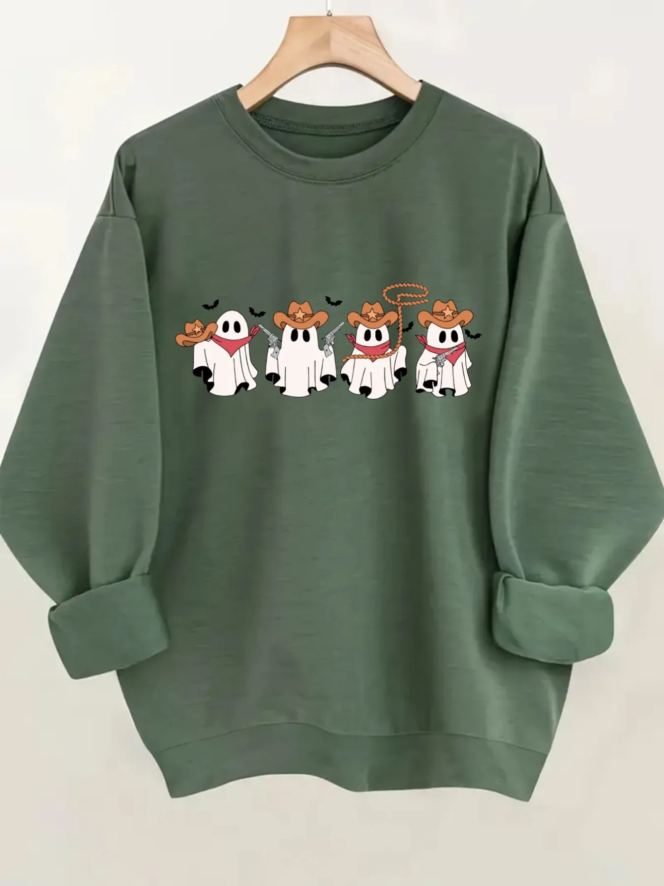 Women's Crew Neck Pullover Sweatshirt Cowboy Ghost Print Design, Soft Casual Long Sleeve, Daily Casual Top Outfit, Winter Women's Clothing, Halloween Costume Outfit