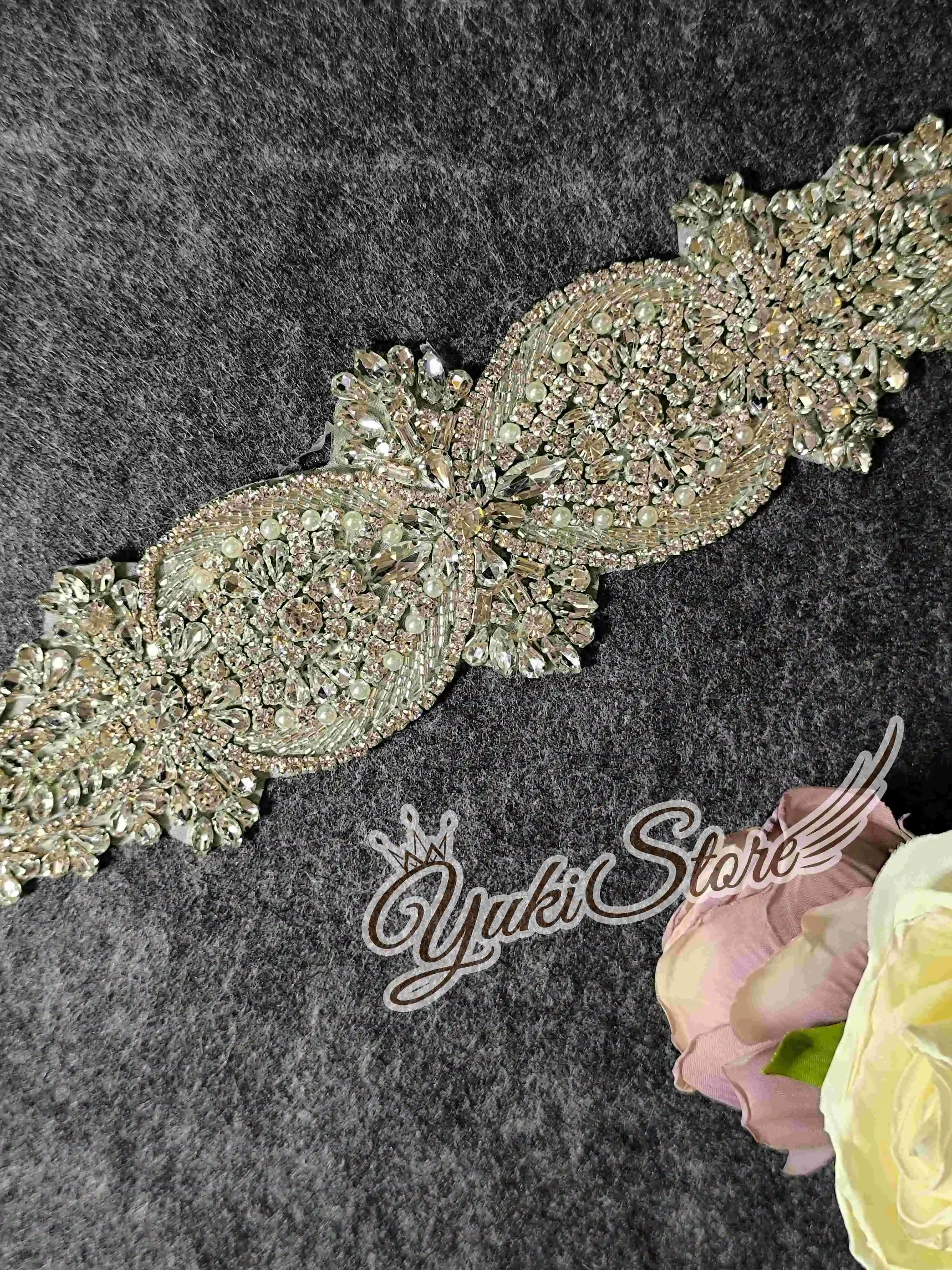 Silver Small appliques Heavy bead 3d flower lace applique floral pearls embroidery bridal lace patch YK014