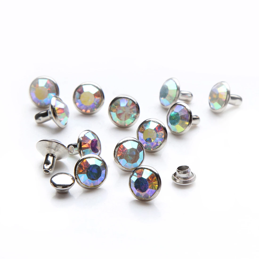 100Sets 6mm&8mm AB Color Crystal Rhinestone Rivets Silver Metal Base Studs Stunds For Clothing Bag Leathercraft Rivet