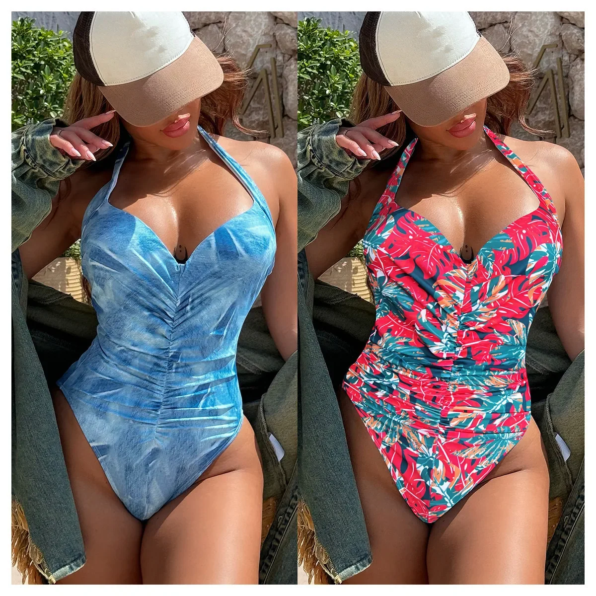 New One-piece Bikini Print Neck Hanging Swimsuit Hawaii Beach Bathing Suit Women 2024 Summer m