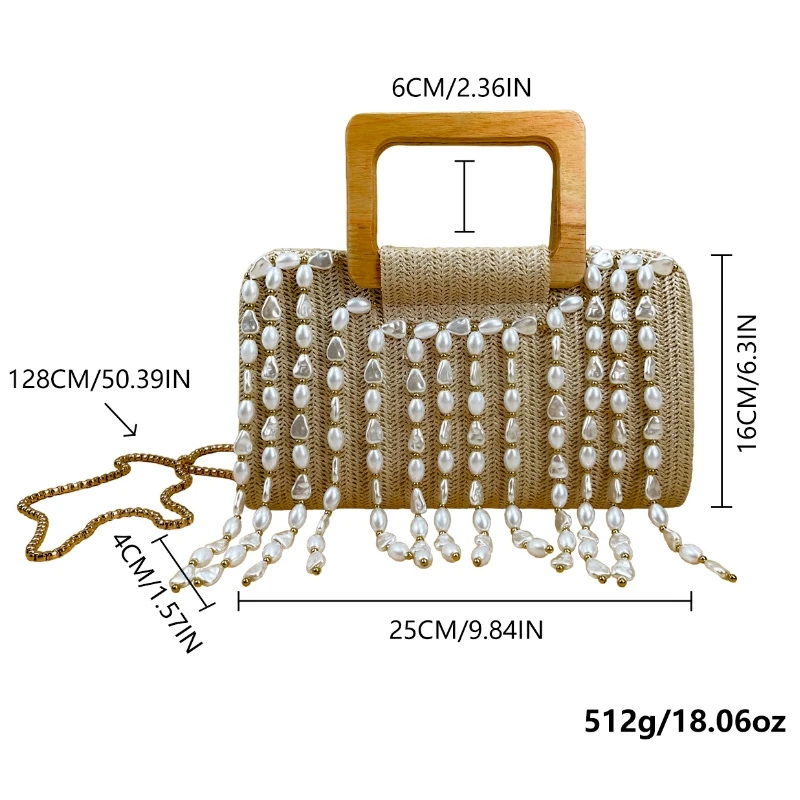 French Style Summer Woven Straw Bags with Pearl Tassel Trend Wooden Handle Women's Vacation Beach Bag Party Banquet Handbag