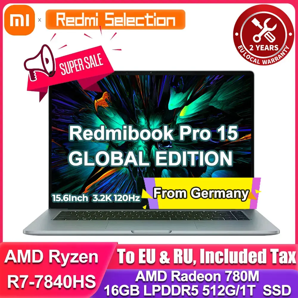 Xiaomi Redmibook Pro 15 Slim Laptop Ryzen R7-7840HS AMD 780M/760M 16G RAM 512G/1T SSD 15.6Inch 3.2K 120Hz Screen Mi Notebook Pc