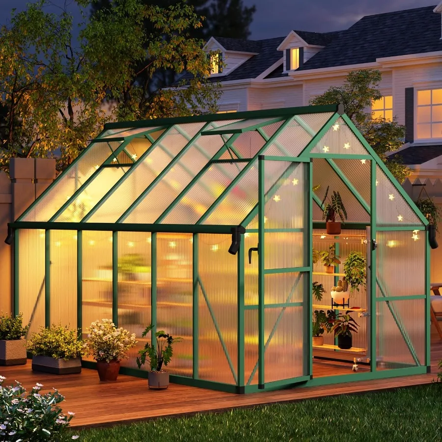 

CABIHOME 8x12 FT Outdoor Greenhouse Polycarbonate Greenhouse with Roof Vent and Ground Nails Aluminum Large Walk-in Green House