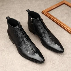 Luxury Mens Genuine Leather Boots Crocodile Pattern Handmade Quality 2024 Winter Warm Ankle Business Wedding Social Shoes Man