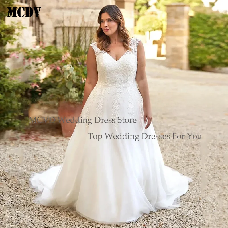 

MCDV Custom Plus Size Wedding Dress for Bride Cap Sleeve V Neck Applique A Line Court Train Corset Bridal Gown Robe Mariee