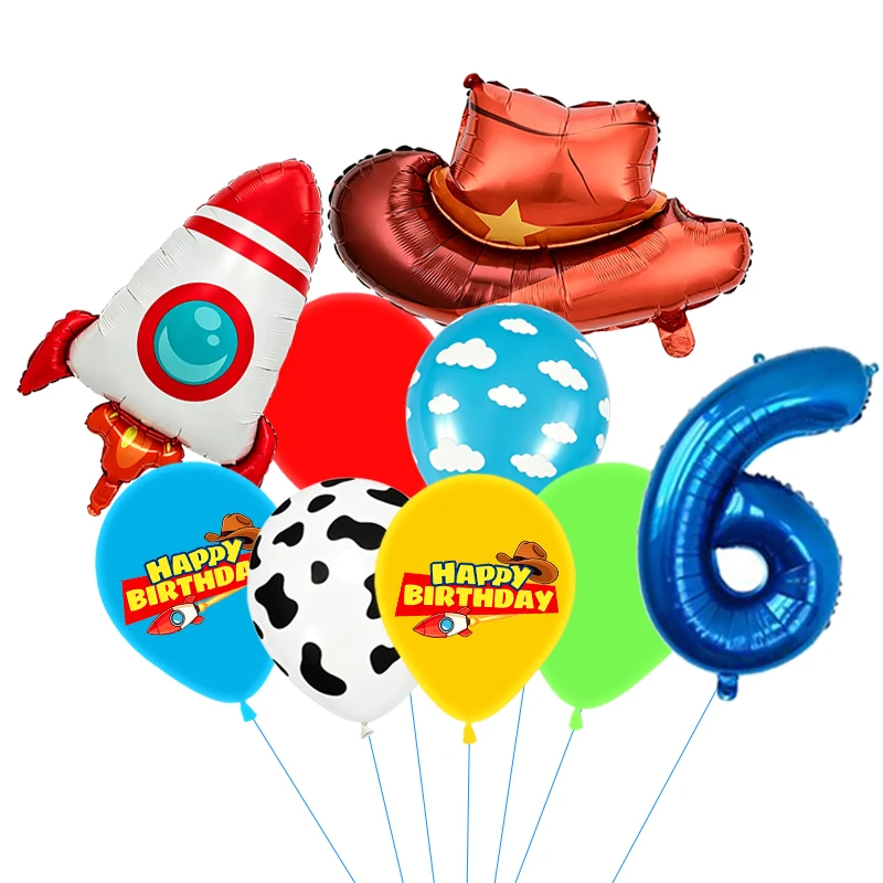 Es ist ein Spielzeug-Set mit der Geschichte „Inspired Story“ in Blau, Rot, Gelb und Grün mit Kuh-, Wolken- und Ballonmotiven für Geburtstags- und Babyparty-Dekorationen im Cartoon-Stil – Detail 7