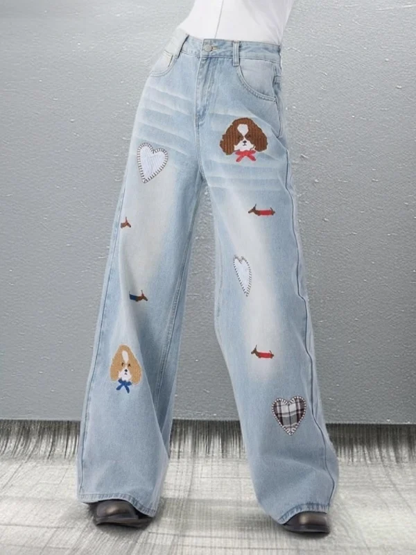 

Spring Season Loose Wide Leg Pants Women's Embroidered Fun Slimming Jeans Casual Sle High Waist Zipper Closure Blue Color