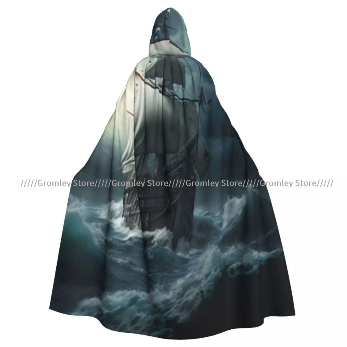 Witch Long Hooded Robe Storm Clouds Old Ship In Sea Halloween Cloak Cosplay Costumes for Adult