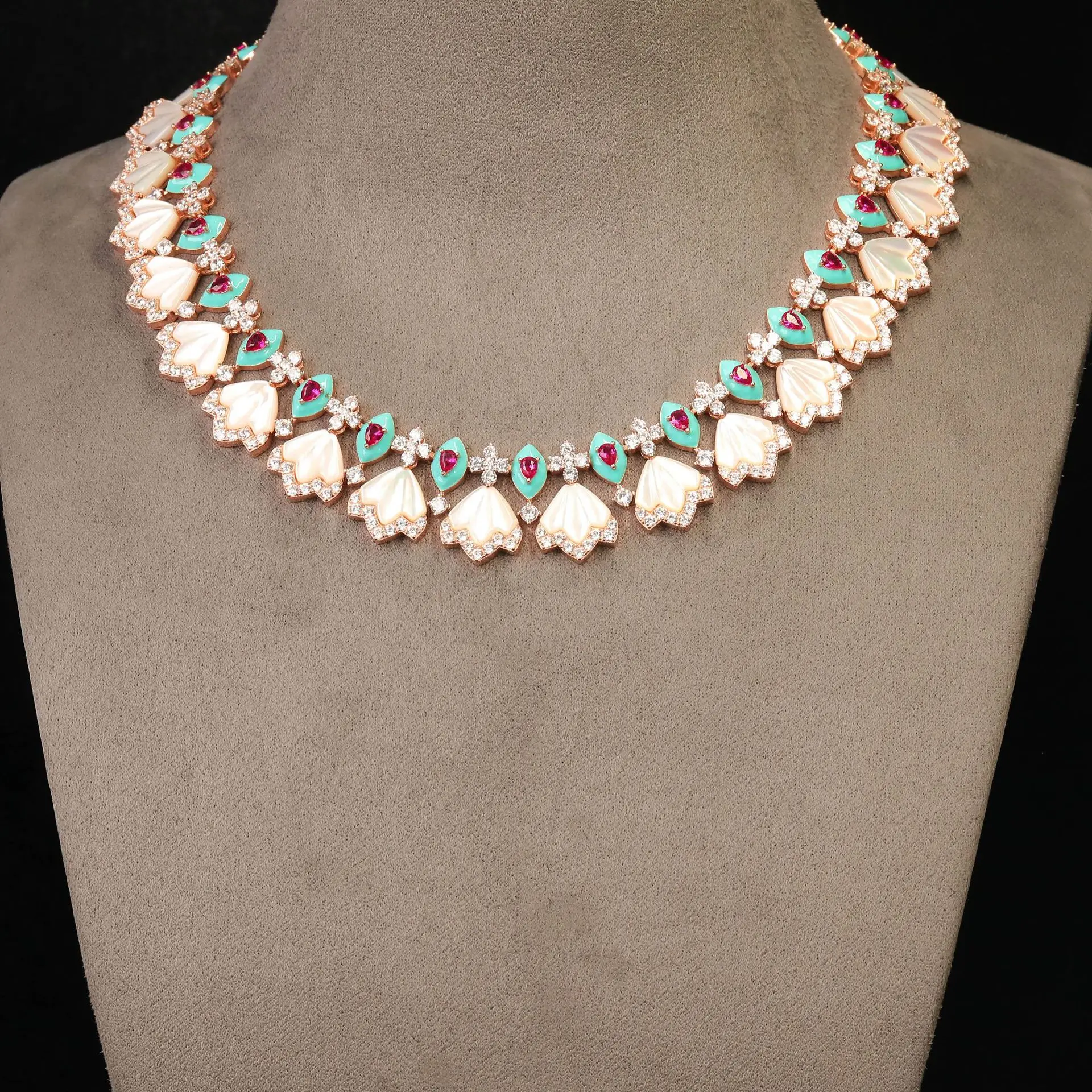 Bellux 925 Sterling Silver Rose Gold Synthetic Turquoise White Shell Water Drop Ruby Luxury Vintage Banquet Fine Necklace