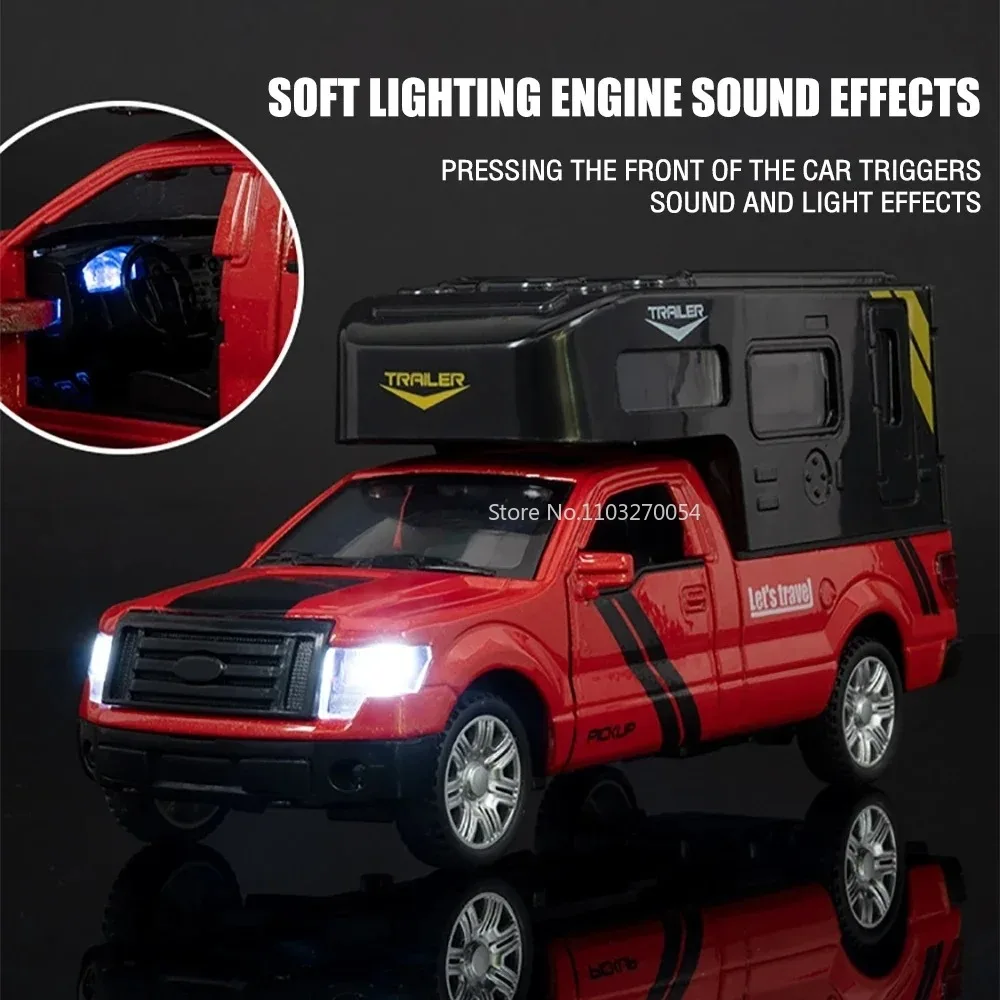 Scale 1/32 F150 Pickup Truck RV Alloy Model Car Toy Diecasting Sound Light Pull Back 3 Door Can Be Opened Vehicle for Boy Gift