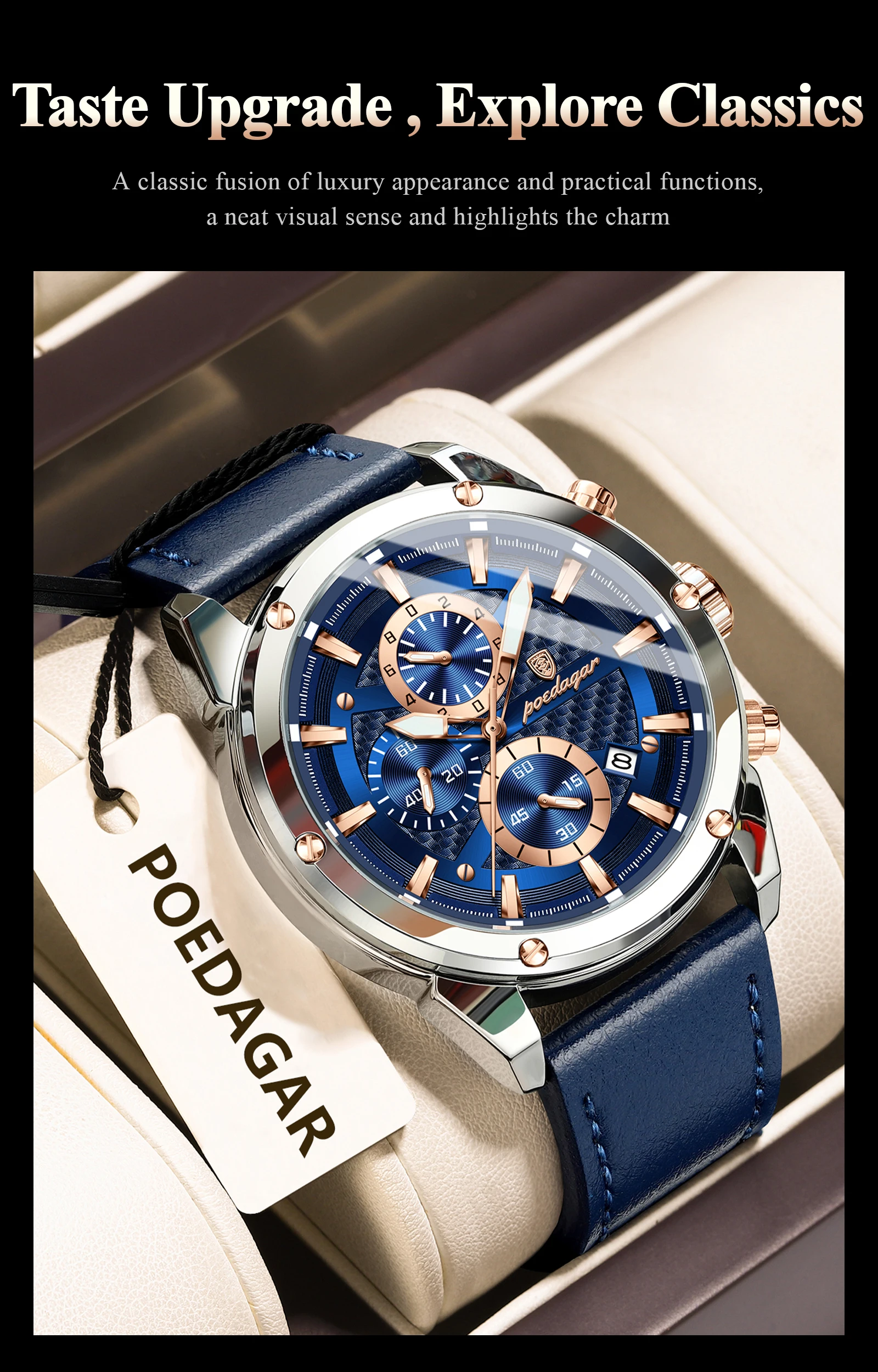POEDAGAR Business-Mann-Uhr, wasserdicht, leuchtend, Chronograph, Datum, Original-Uhren für Herren, Leder, Luxus-Herren-Quarz-Armbanduhr – Detail 14