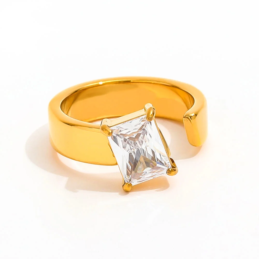 

Joolim Jewelry High End PVD Wholesale Waterproof Fashion Rectangle Zirconia Opening Stainless Steel Finger Ring for Women