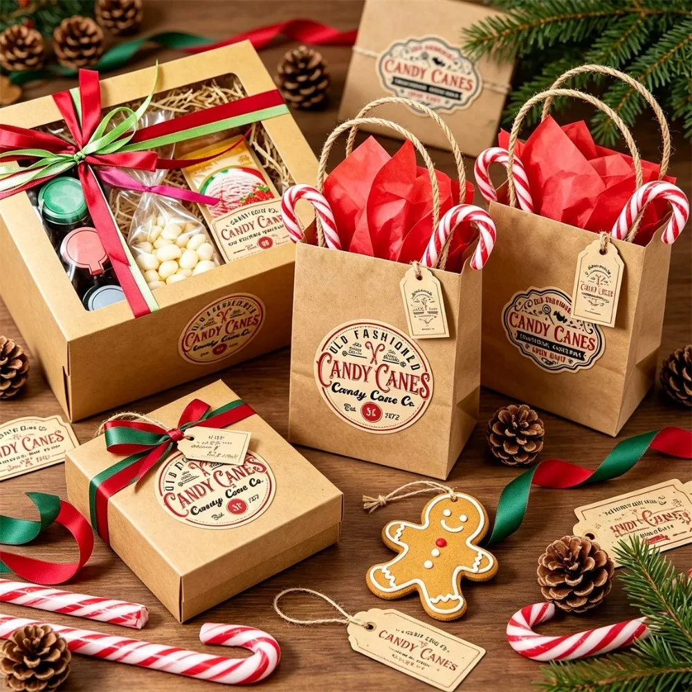 8 Sheets Vintage Christmas Candy Cane Stickers, Gift & Candy Wrapping Labels for Jar Gift Box Holiday Decor