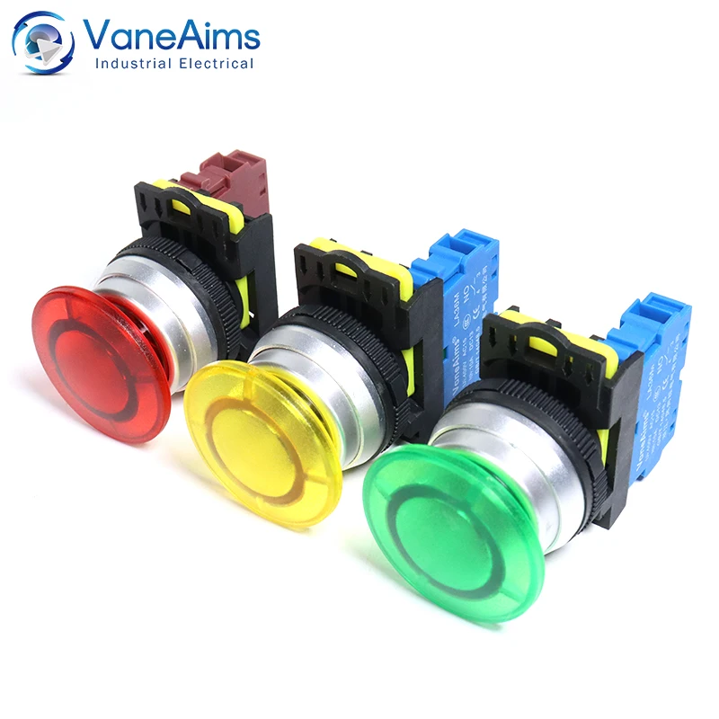 

30mm LA36M Mushroom Push Button Switch Momentary Self locking Electric Plastic Buttons Switches On Off Red Green Yellow 1NO 1NC