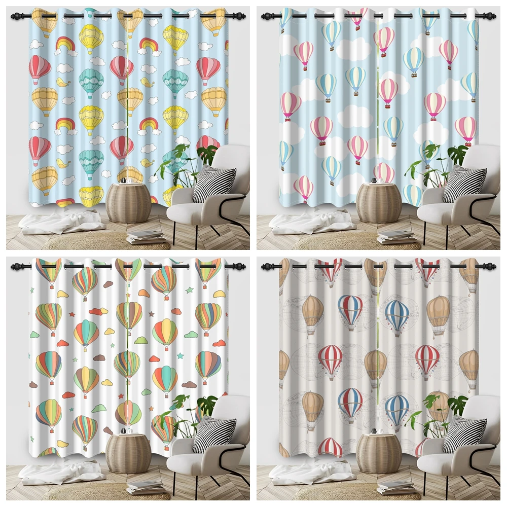 2pcs/set Colorful Hot Air Balloons Window Curtain Cartoon Sketch Cloud Printing Bedroom Decor Blackout Polyester Fabric Curtains