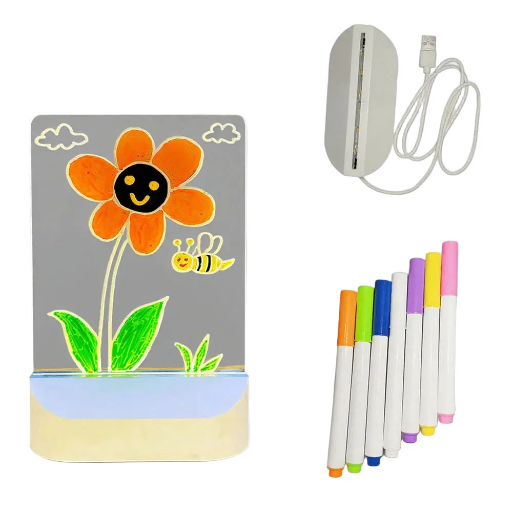 Children Acrylic Drawing Board with Warm Light USB Powered and 7 Colored Pens for Night Drawing and Creativity
