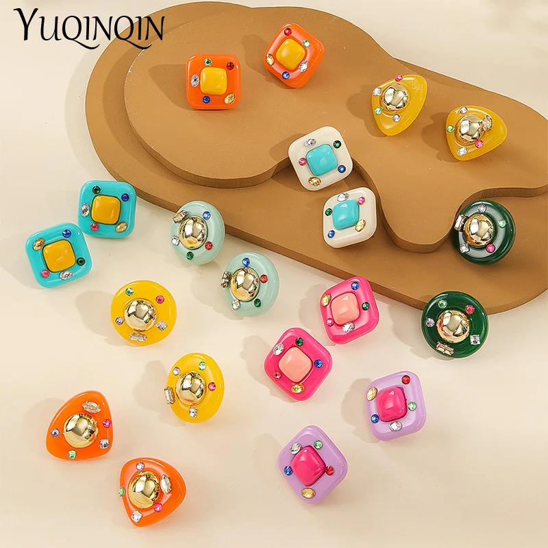 New Crystal Round Big Earrings For Women Trending Geometric Square Stud Earring for Girls Party Jewelry Korean Cute Brincos Gift