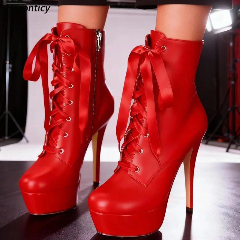 

Heronticy Handcrafted Red Leather Ankle Boots with Satin Ribbon Laces - Gothic Victorian Platform Heels Size 5-20