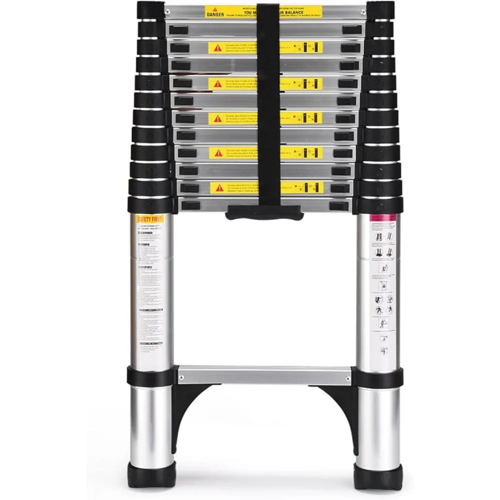 Telescopische Ladder, Soctone 12.5 Ft Aluminium Lichtgewicht Verlengladder Met 2 Driehoekige Stabilisatoren, Zware 330Lbs Max