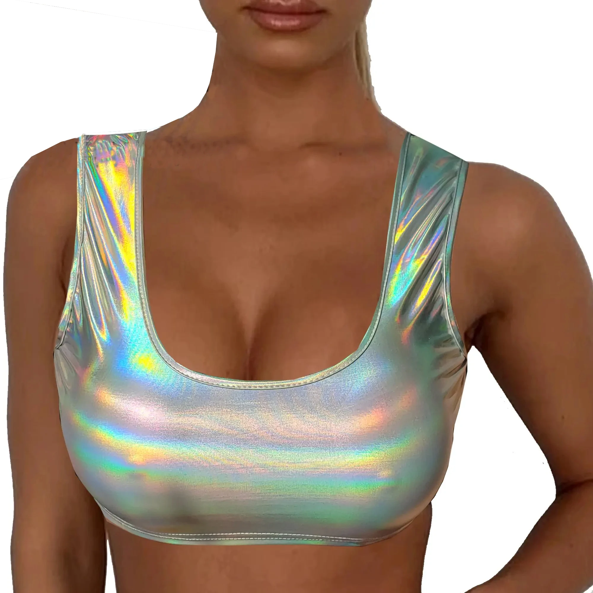 

Silver Holographic Women Crop Top Rave Festival Top Clothes Outfits Laser Hologram Foil Fabric Women Tank Top