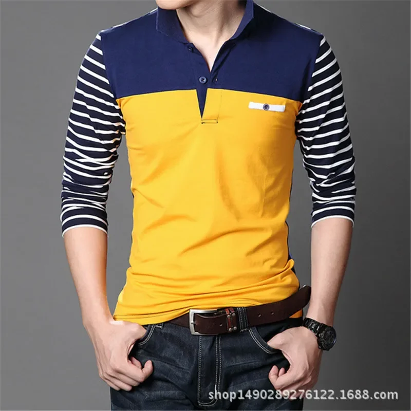 TFETTERS Spring Autumn Casual Men Long Sleeve T-shirt Cotton Elastic Slim Fit Dress T Shirt Men V-Neck Stripe Men Tops & Tees