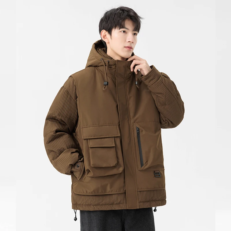 

Зимний уличный лоскутный дизайн, повседневный пуховик с капюшоном, мужской свободный пуховик большого размера, белое утиное пальто, модная рабочая одежда