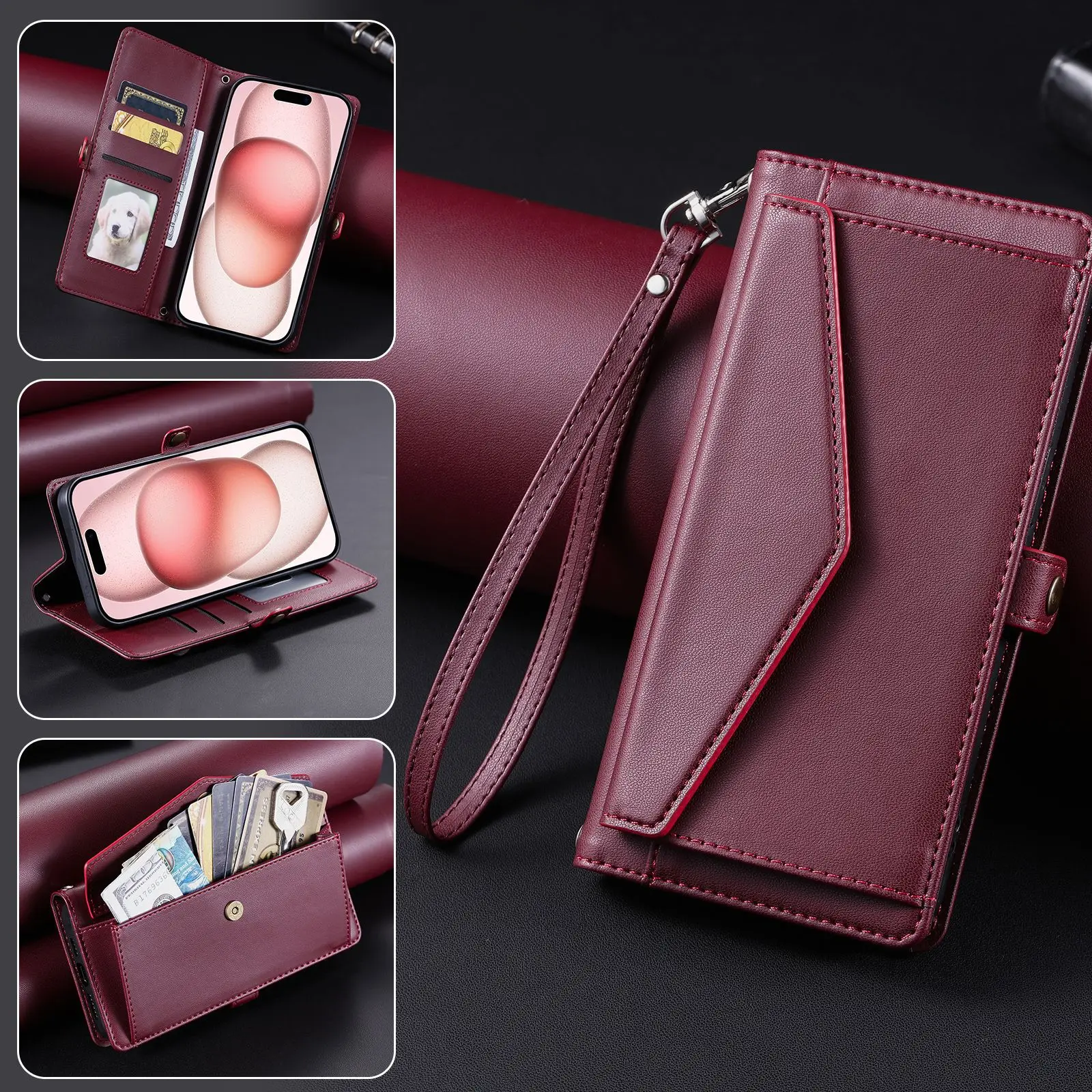 Funda de cuero con cordón cruzado para Motorola Moto E40 E30 E20 E15 E14, funda tipo billetera con correa práctica, funda para teléfono con 3 ranuras para tarjetas