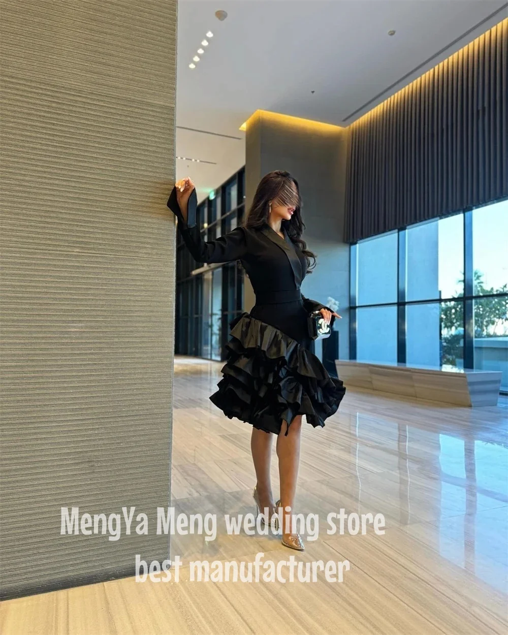 Elegante sexy vestidos de cocktail preto cetim babados a linha com decote em v na altura do joelho vestido elegante vestido de festa mulher vestidos personalização