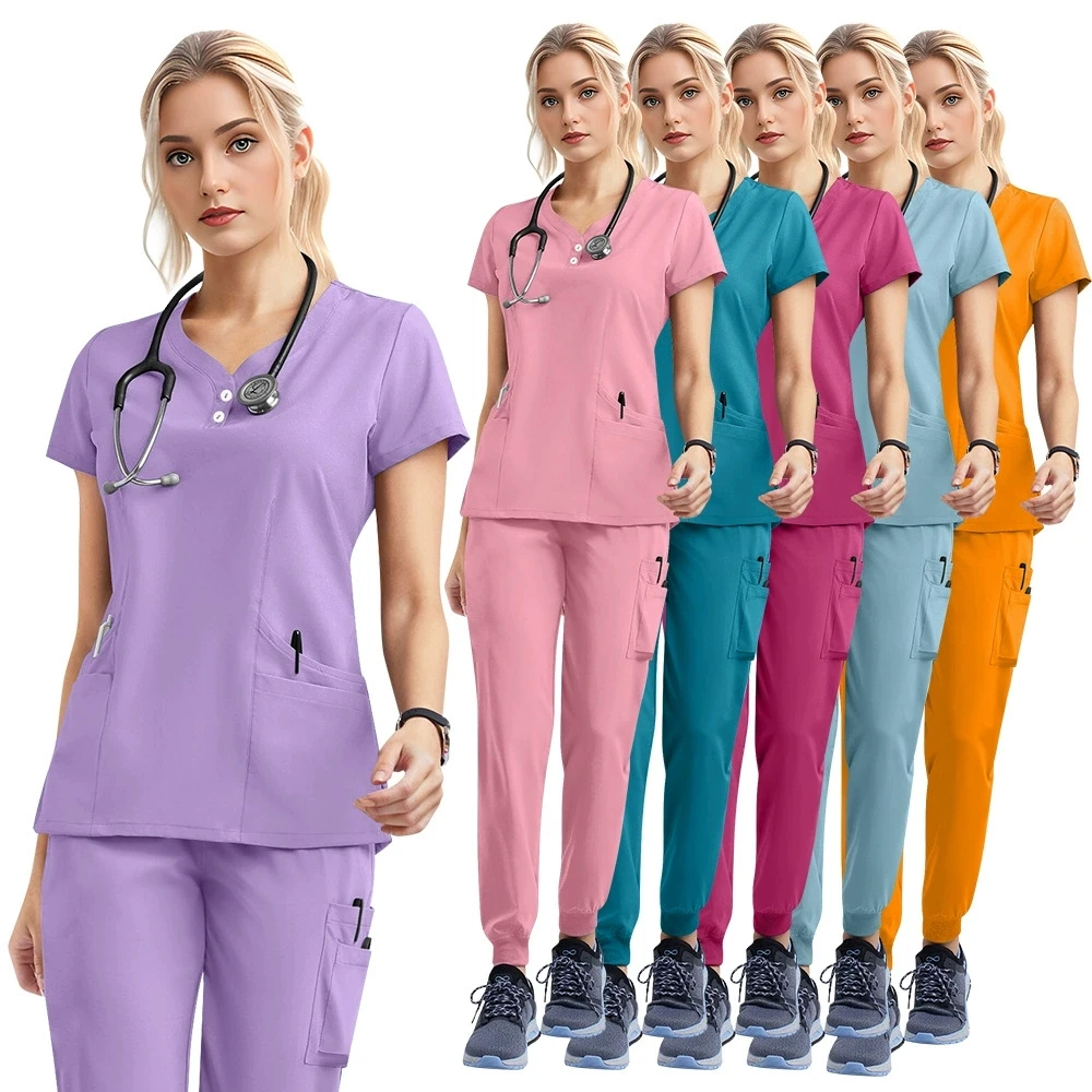 blusa-medica-unissex-calcas-elasticas-top-com-decote-em-v-e-multiplos-bolsos-uniformes-medicos-de-manga-curta-para-dentistas-e-veterinarios