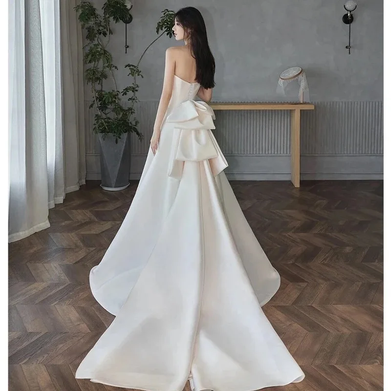 White Wedding Dresses Boat Neck Backless Lace-up Bow Pleated Beading Gentle Premium Satin Bride Gowns Vestidos De Noiva Custom