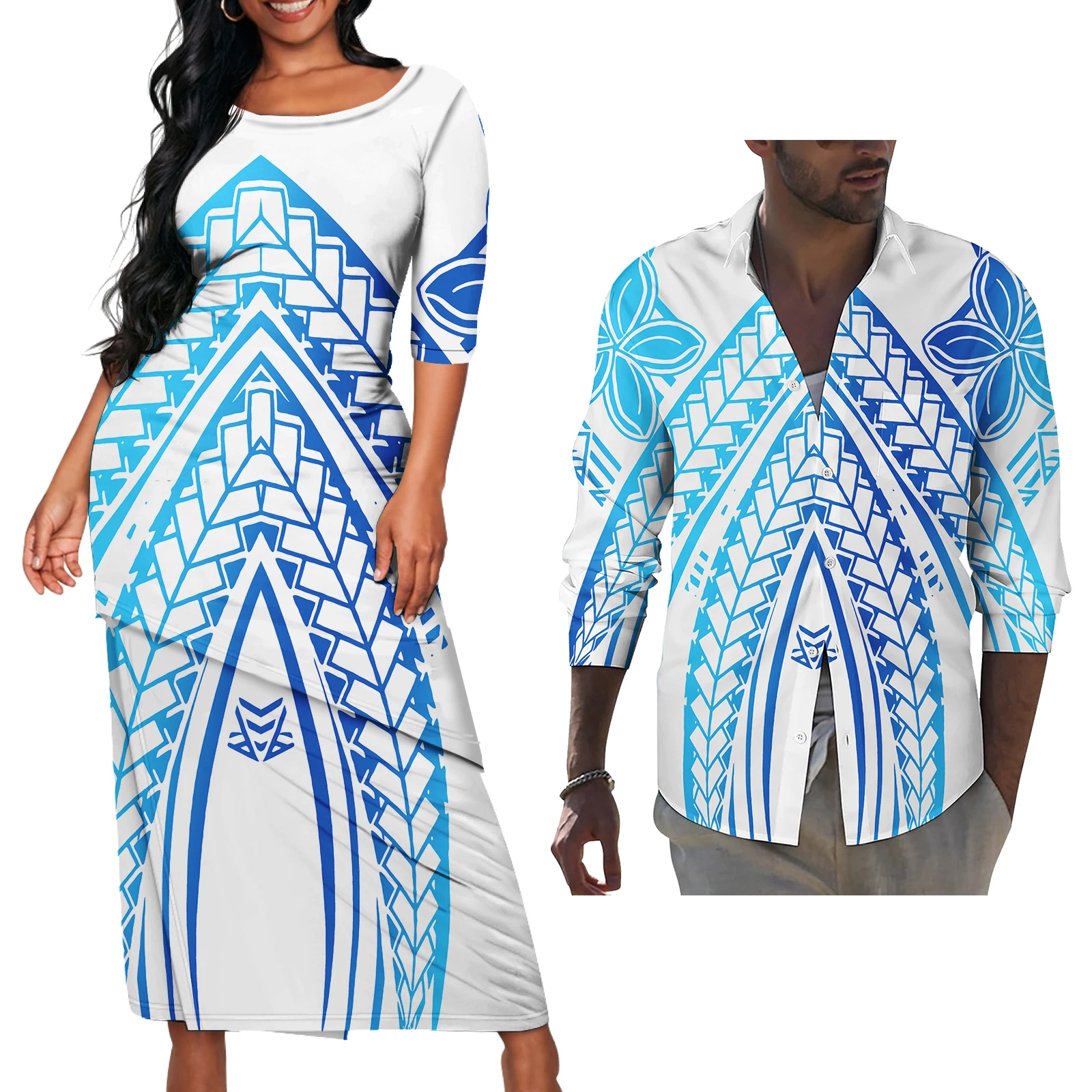 Women Custom Polynesian Tongan Fijian Tribal Pacific Island Two Pieces Set Dress Designs Couples Matching Outfits Dress