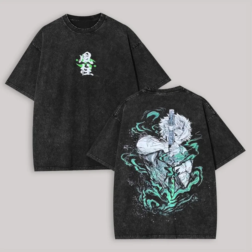 Shinazugawa Sanemi Demon Slayer Manga T-shirt Trendy Washed Oversized T Shirt Men Women Clothing Cotton Soft Short Sleeve Tees