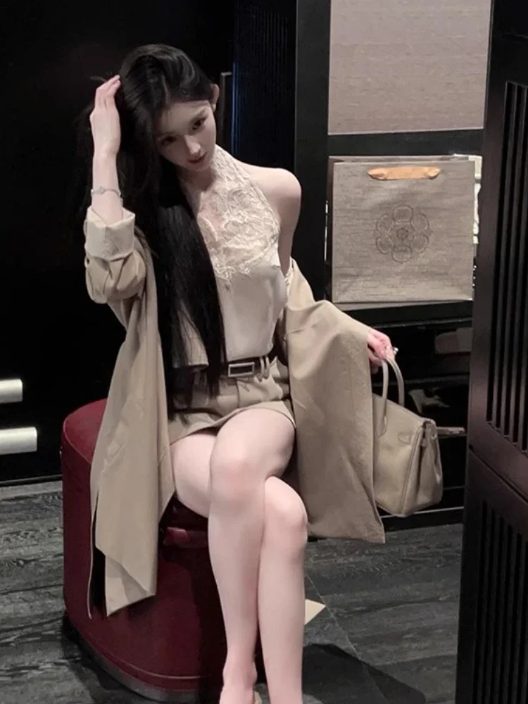 

Trench Women Retro Vintage Y2k Khaki Lapel Loose Mid-length Temperament Classic Popular Autumn Outerwear Streetwear Elegant Chic